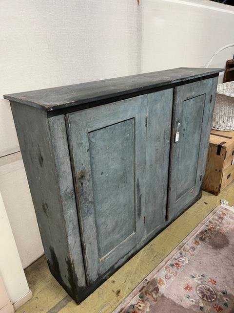 A 19th century French painted pine two door side cabinet, width 161cm, depth 41cm, height 125cm